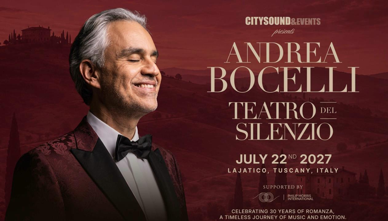 Andrea Bocelli performing at Teatro del Silenzio, Lajatico, Tuscany — open-air amphitheatre at dusk