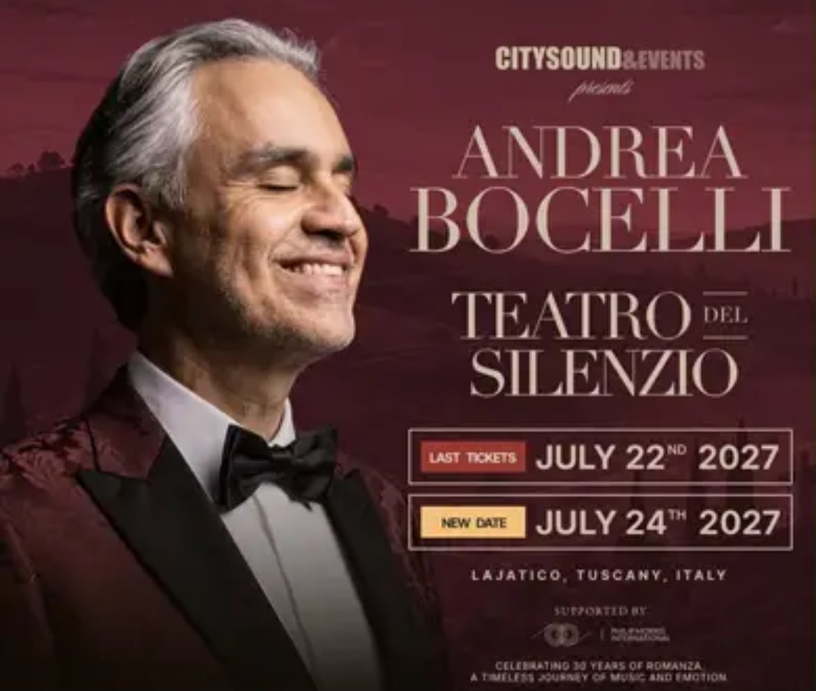 Andrea Bocelli performing at Teatro del Silenzio, Lajatico, Tuscany — open-air amphitheatre at dusk