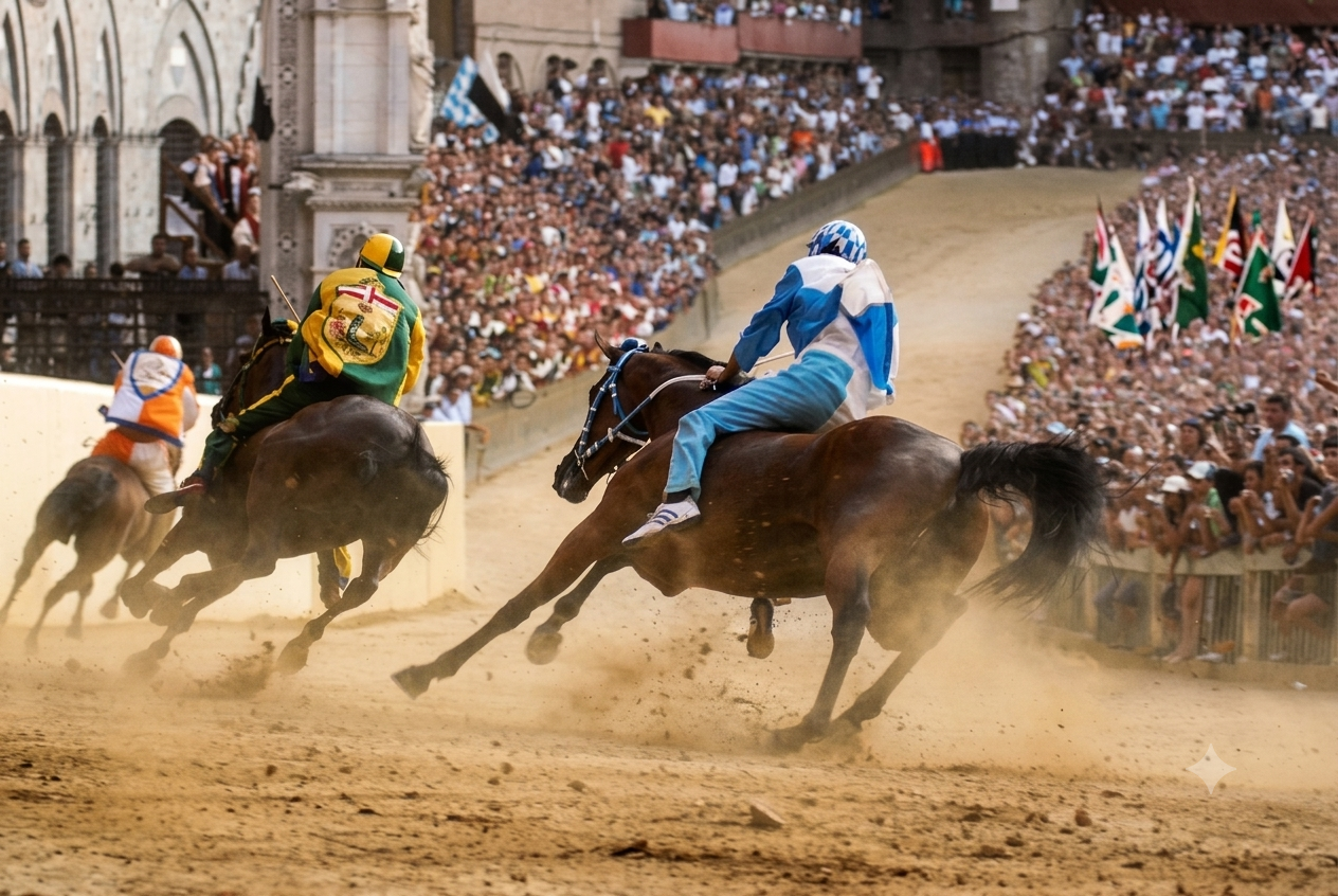 The Palio di Siena horse race in Piazza del Campo — medieval pageantry and thundering hooves