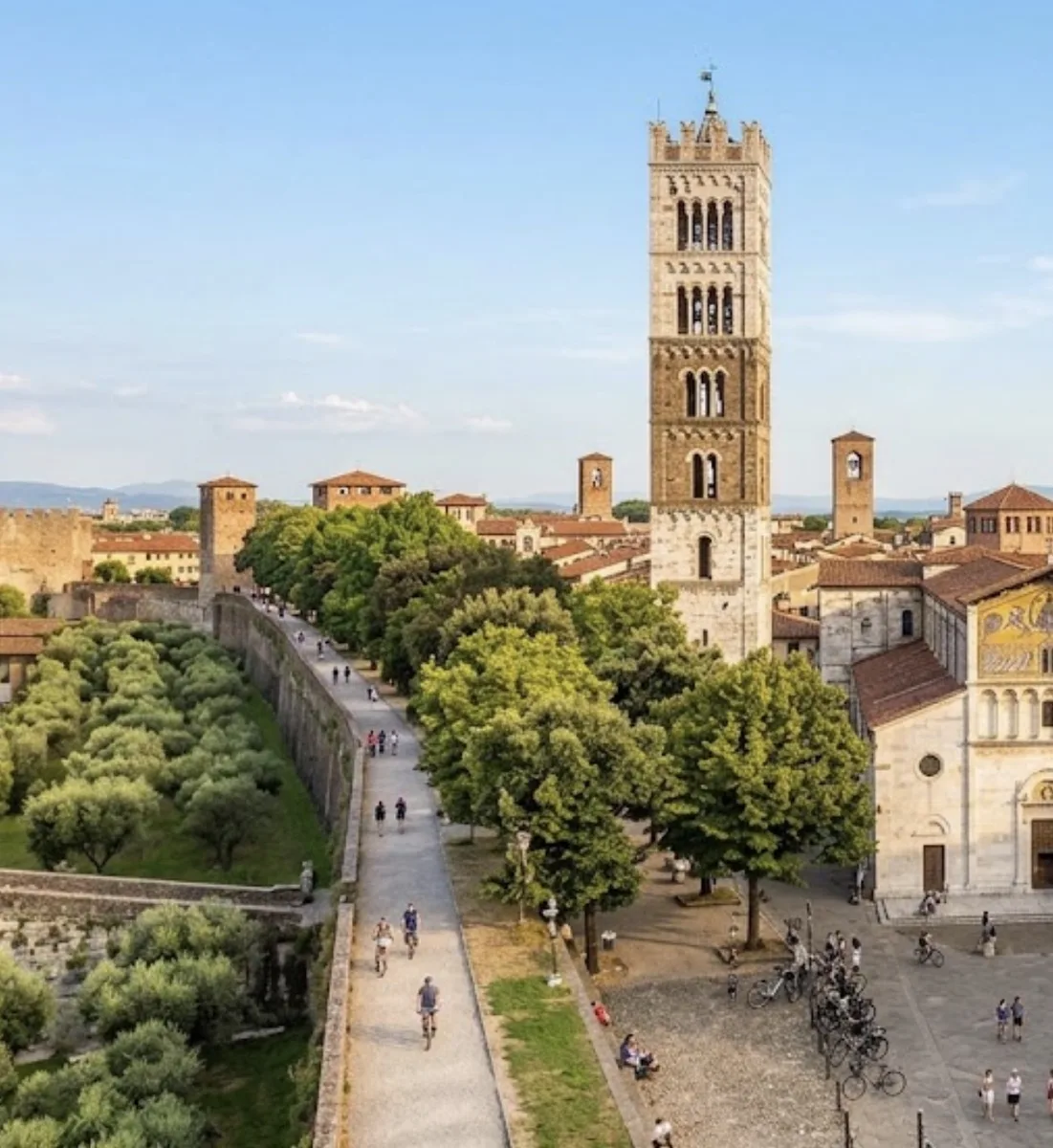 Lucca's historic city walls and the bell tower of San Frediano