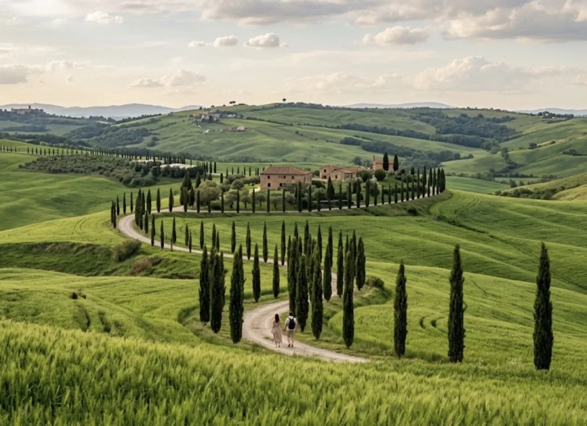 Rolling Tuscan hills and a cypress-lined country road