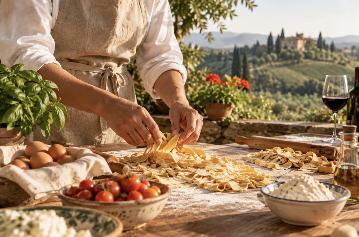Preparing fresh handmade pasta overlooking the Tuscan countryside