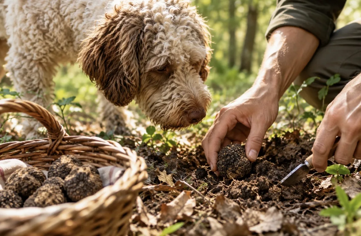 Truffle hunting with a trained dog in the Tuscan woodland