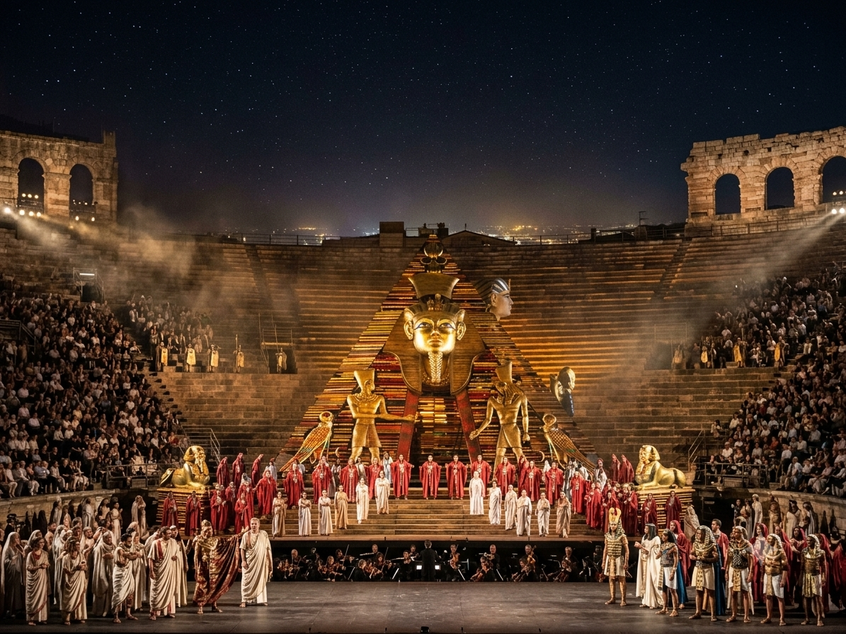 Arena di Verona illuminated at night during open-air opera — Roman amphitheatre, Verona